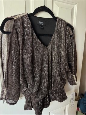 MSK Metallic Black V-Neck Blouse with Sparkle Accents